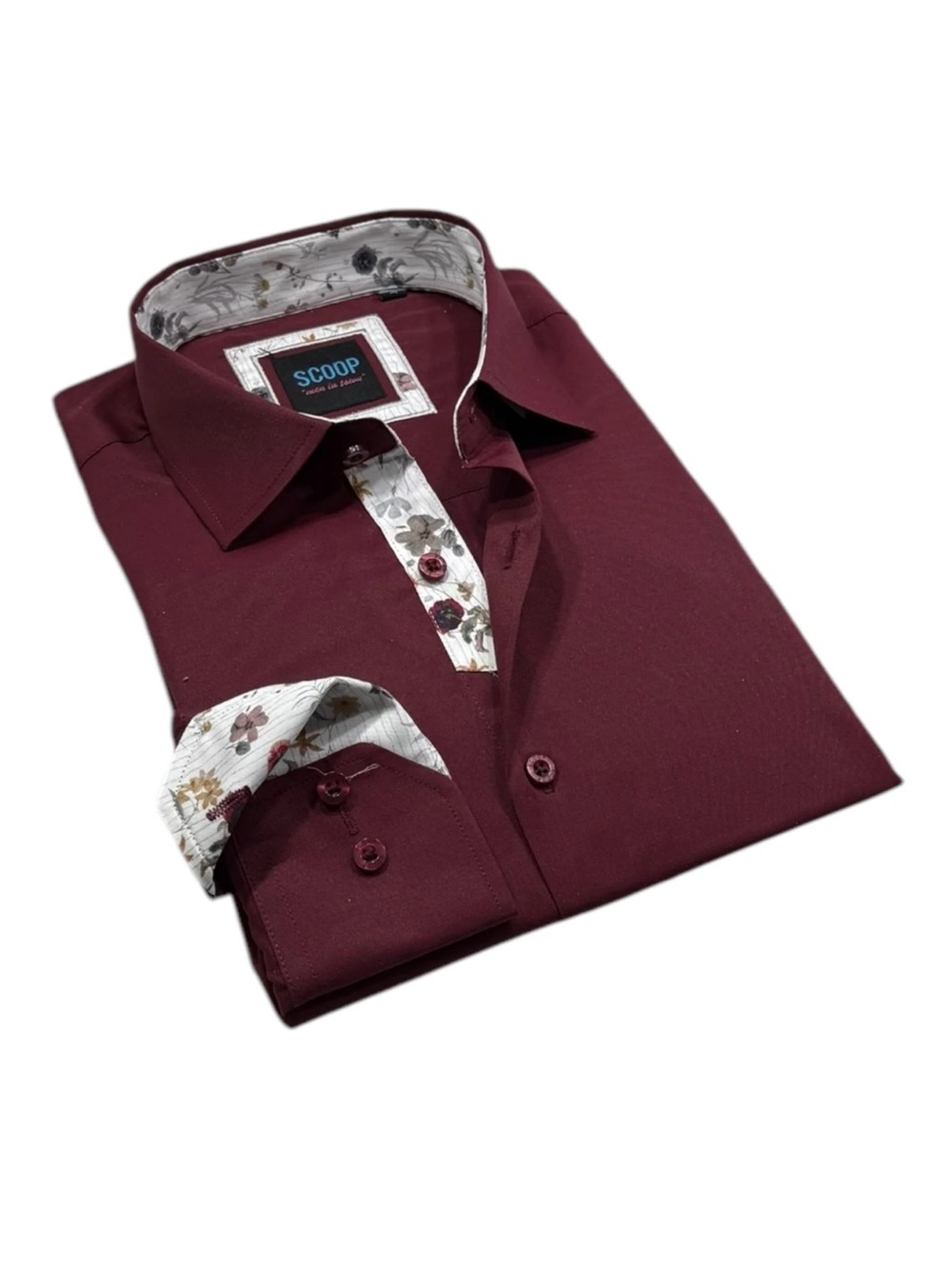 SCOOP Men's Burgundy Dress Shirt with Floral Contrast